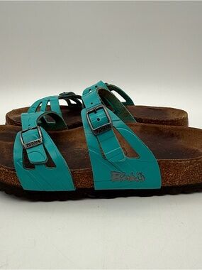 Birki's Birkenstock Moorea Leather Teal Blue Slide Sandal Womens EUR 38/ US 7